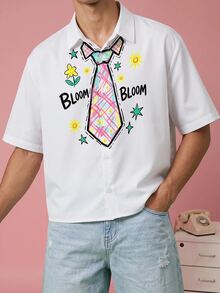 FROVYX Men's Fun Tie Print Cropped Shirt, Suitable For Daily Casual Outings, Young Fashion, Full Of Fun - White - View 4