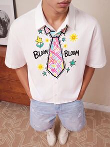 FROVYX Men's Fun Tie Print Cropped Shirt, Suitable For Daily Casual Outings, Young Fashion, Full Of Fun - White - View 2