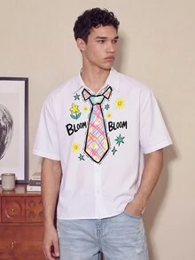 FROVYX Men's Fun Tie Print Cropped Shirt, Suitable For Daily Casual Outings, Young Fashion, Full Of Fun - White - View 1
