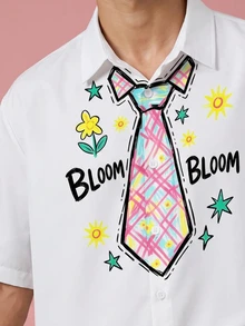 FROVYX Men's Fun Tie Print Cropped Shirt, Suitable For Daily Casual Outings, Young Fashion, Full Of Fun - White - View 3