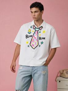 FROVYX Men's Fun Tie Print Cropped Shirt, Suitable For Daily Casual Outings, Young Fashion, Full Of Fun - White - View 5
