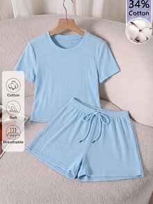SHEIN Sparklyn 青少年女孩夏季粉色休閒套裝！修身短版T恤搭配高腰鬆緊腰短褲，顯身材且貼身，甜美清爽風格，適合日常穿著、運動與外出，專為青少年女孩設計，輕鬆穿出活力亮眼造型 - 藍色 - 查看 5