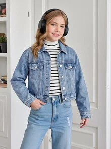 Sparklyn Tween Girls Y2K Style Denim Jacket Coat Spring Autumn Winter Light Blue Denim With White Pearl Embellishment Fitted Fit Comfortable Soft Fabric For Daily Outings School And Commuting - Light Wash - View 4