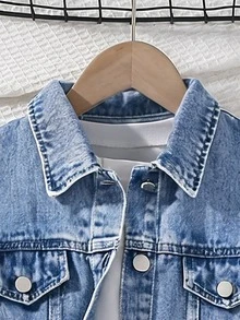 Sparklyn Tween Girls Y2K Style Denim Jacket Coat Spring Autumn Winter Light Blue Denim With White Pearl Embellishment Fitted Fit Comfortable Soft Fabric For Daily Outings School And Commuting - Light Wash - View 6
