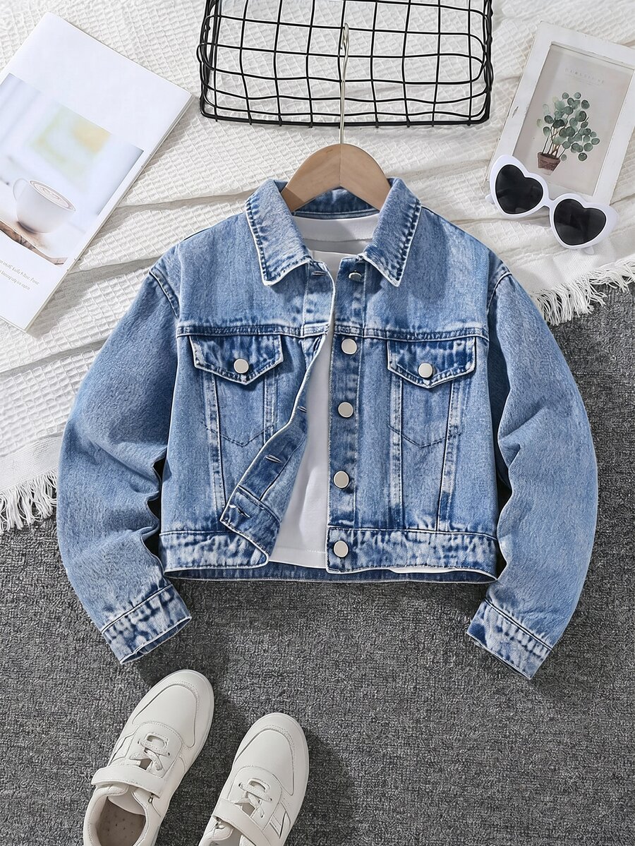 Sparklyn Tween Girls Y2K Style Denim Jacket Coat Spring Autumn Winter Light Blue Denim With White Pearl Embellishment Fitted Fit Comfortable Soft Fabric For Daily Outings School And Commuting