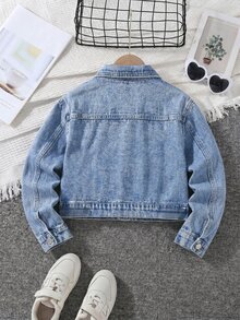 Sparklyn Tween Girls Y2K Style Denim Jacket Coat Spring Autumn Winter Light Blue Denim With White Pearl Embellishment Fitted Fit Comfortable Soft Fabric For Daily Outings School And Commuting - Light Wash - View 3
