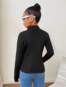 SHEIN Tween女孩休閒針織童裝純色修身長袖保暖內裡運動秋季外套，母女套裝（2件分開售） - 黑色 - 查看 2