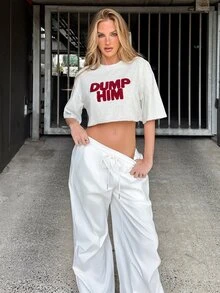 emmajanestevens 女款街頭風Y2K夏季T恤，紅白條紋毛巾刺繡字母印花短版上衣，休閒寬鬆落肩城市度假上衣 - 灰色 - 查看 5