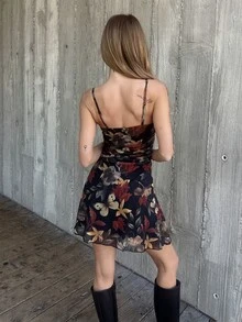 emmajanestevens 女款黑色花卉復古浪漫70年代楓葉印花百褶迷你洋裝，夏季復古度假蝴蝶印花派對大地色系秋季優雅 - 彩色 - 查看 2