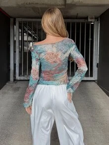emmajanestevens Fall Women's Western Boho Teal Allover Print V-Neck Ruched Elegant Long Sleeve Blouse Vacation - Multicolor - View 2