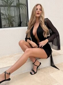 emmajanestevens Sexy Oversized Plunging Neckline Mesh Patchwork Backless Mini Dress Elegant - Black - View 4
