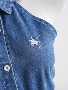 Elamini Fashion Casual Sleeveless A-Line Embroidered Washed Mini Denim Dress - Dark Wash - View 3