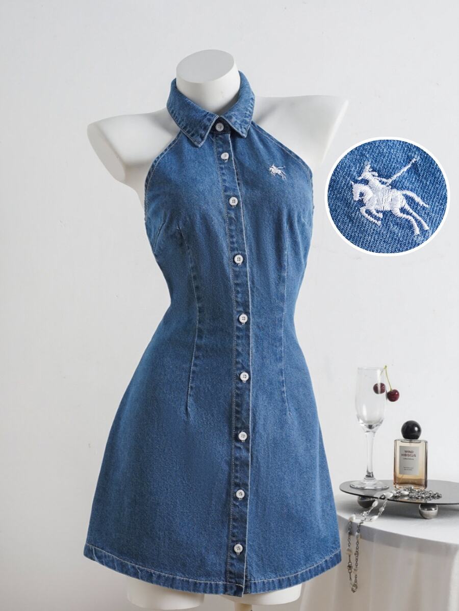 Elamini Fashion Casual Sleeveless A-Line Embroidered Washed Mini Denim Dress - Dark Wash - View 1
