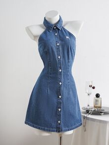 Elamini Fashion Casual Sleeveless A-Line Embroidered Washed Mini Denim Dress - Dark Wash - View 5