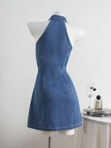 Elamini Fashion Casual Sleeveless A-Line Embroidered Washed Mini Denim Dress - Dark Wash - View 6