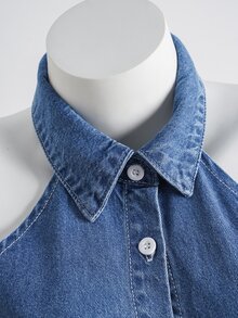 Elamini Fashion Casual Sleeveless A-Line Embroidered Washed Mini Denim Dress - Dark Wash - View 2