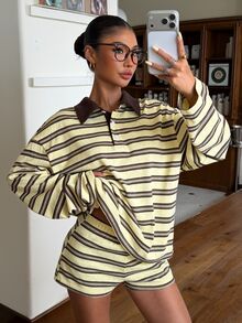 Muchica 2pcs Pale Yellow Knitted Long-Sleeve T-Shirt Polo Collar, Partial Button Placket And Shorts - Suitable For Brunch, Casual Outings, And Vacation - Multicolor - View 4