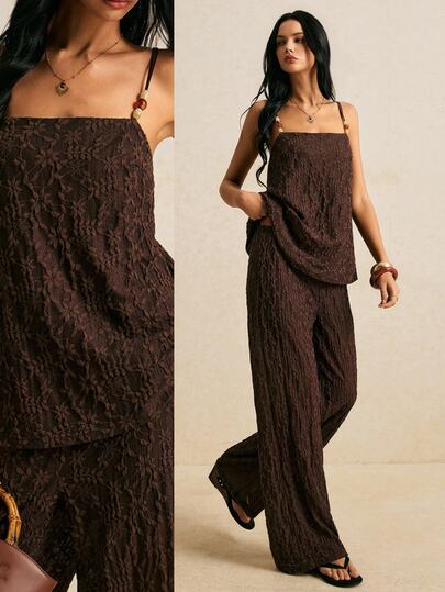 Poéselle Women's Beaded Strap Tank Top And Pants Fashion 2 Pieces Set, Dark Brown Summer Outfit For Vacation European Jamican Sexy Casual Tropical Beach