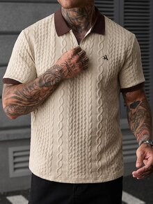 Manfinity CasualCool 男士時尚休閒復古短袖 Polo 衫，針織提花上衣，圖案復古風，日常度假假日米色夏季款 - 卡其色 - 查看 5