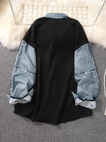 Resyla Plus Size Women Patchwork Denim Effect Print Long Sleeve Shirt Fall - Multicolor - View 2