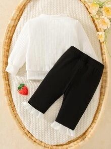 SHEIN Newborn Autumn/Winter Versatile Cute Minimalist Round Neck Long Sleeve Bow Decor White Top & Black Pants Set - Black and White - View 4