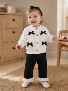 SHEIN Newborn Autumn/Winter Versatile Cute Minimalist Round Neck Long Sleeve Bow Decor White Top & Black Pants Set - Black and White - View 2