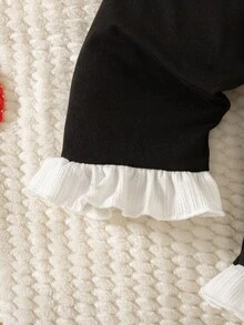 SHEIN Newborn Autumn/Winter Versatile Cute Minimalist Round Neck Long Sleeve Bow Decor White Top & Black Pants Set - Black and White - View 9