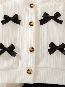 SHEIN Newborn Autumn/Winter Versatile Cute Minimalist Round Neck Long Sleeve Bow Decor White Top & Black Pants Set - Black and White - View 7