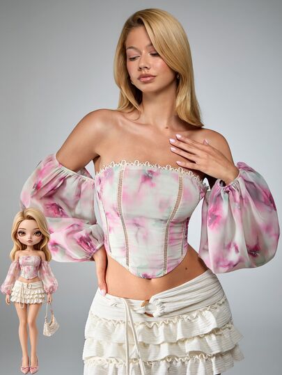 Sweetness Top bustier da donna sexy con spalle scoperte, scollo basso, maniche a sbuffo e stampa floreale tie-dye, stile palazzo