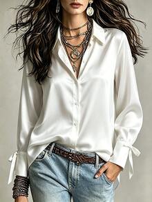 Franclia Women's Casual Long Sleeve White Button-Up Shirt With Drawstring, Spring Fall Cloth For Women - White - View 1