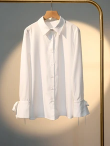 Franclia Women's Casual Long Sleeve White Button-Up Shirt With Drawstring, Spring Fall Cloth For Women - White - View 3