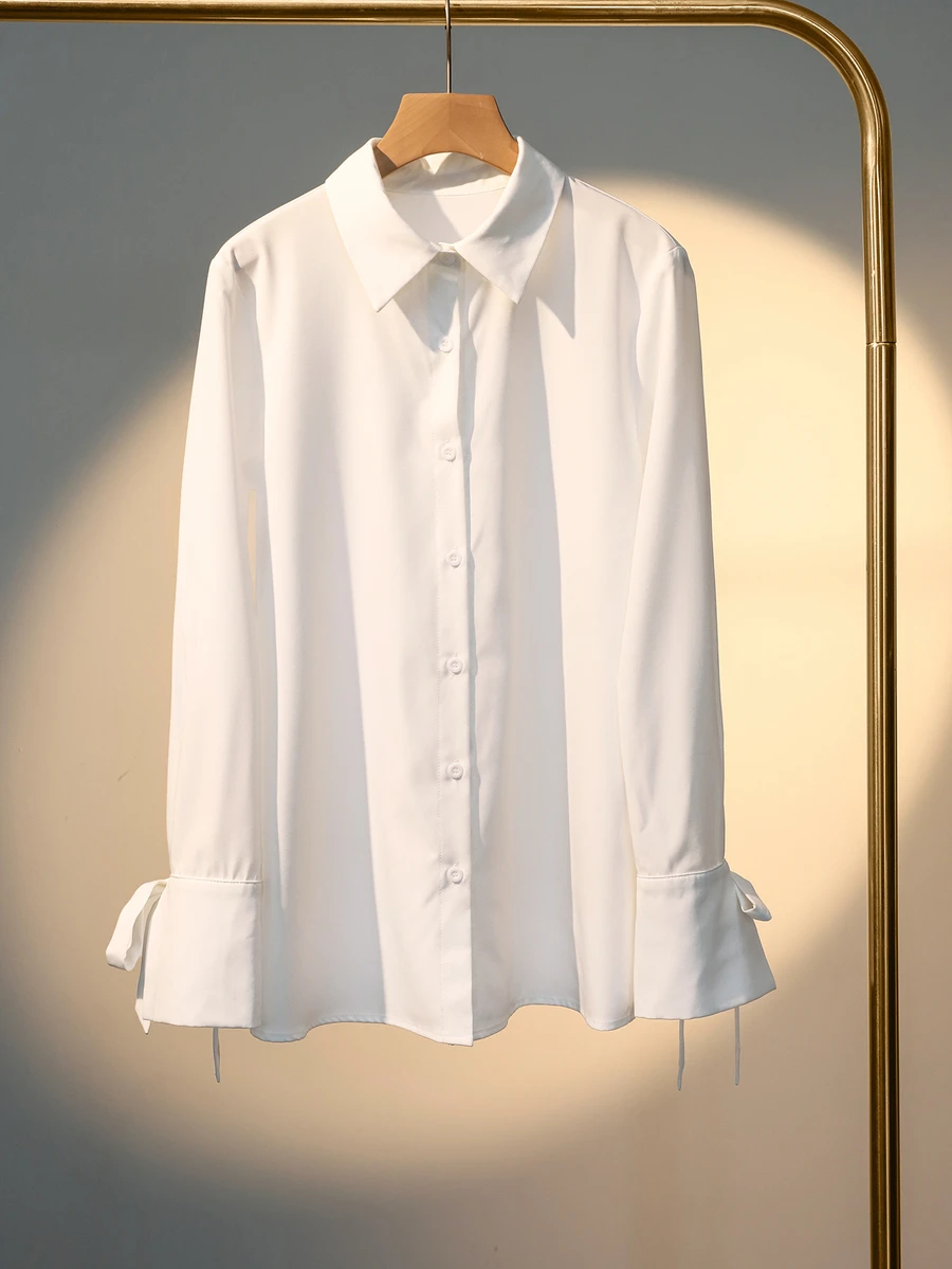 Franclia Women's Casual Long Sleeve White Button-Up Shirt With Drawstring, Spring Fall Cloth For Women - White - View 1