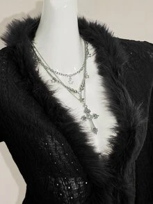 SHEIN ICON 女士复古波西米亚性感Y2K针织提花拼接毛领棕色T恤 - 黑色 - 查看 8