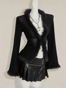 SHEIN ICON 女士复古波西米亚性感Y2K针织提花拼接毛领棕色T恤 - 黑色 - 查看 6