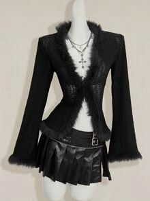 SHEIN ICON 女士复古波西米亚性感Y2K针织提花拼接毛领棕色T恤 - 黑色 - 查看 9