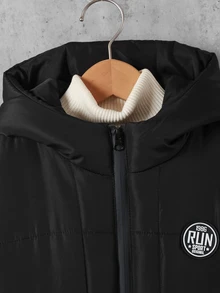 SHEIN 男童戶外運動保暖極簡拉鍊純色耐髒綠色棉質加厚外套 - 黑色 - 查看 5