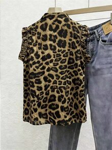 SHEIN 女款豹紋荷葉邊單排扣短袖飄逸襯衫 - 棕色 - 查看 2