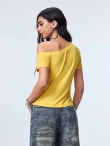 Y2Kool Light Yellow Asymmetric Shoulder Football Number 23 Y2K Punk Streetwear Dark Style Women's T-Shirt Suitable For Spring Summer Party Everyday Going Out - Yellow - View 6