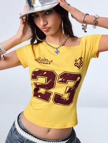 Y2Kool Light Yellow Asymmetric Shoulder Football Number 23 Y2K Punk Streetwear Dark Style Women's T-Shirt Suitable For Spring Summer Party Everyday Going Out - Yellow - View 2