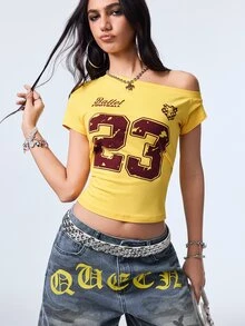 Y2Kool Light Yellow Asymmetric Shoulder Football Number 23 Y2K Punk Streetwear Dark Style Women's T-Shirt Suitable For Spring Summer Party Everyday Going Out - Yellow - View 5