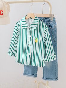 SHEIN 女童返校季綠色條紋印花清新輕盈設計襯衫，領口長袖寬鬆休閒襯衫，胸前檸檬刺繡圖案，春秋休閒襯衫 - 綠色 - 查看 4
