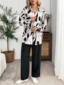 EMERY ROSE 女款幾何印花長袖上衣與長褲休閒優雅日常兩件套 適合辦公室、早午餐、日常穿著 黑白配色 秋季米色 - 彩色 - 查看 6