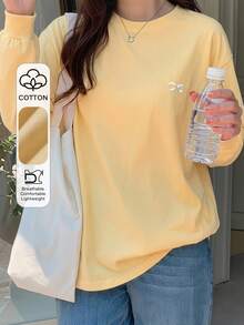 DAZY Kaos Wanita Lengan Pendek Longgar Kerah Bulat dengan Bordir Pita - Kuning - View 1