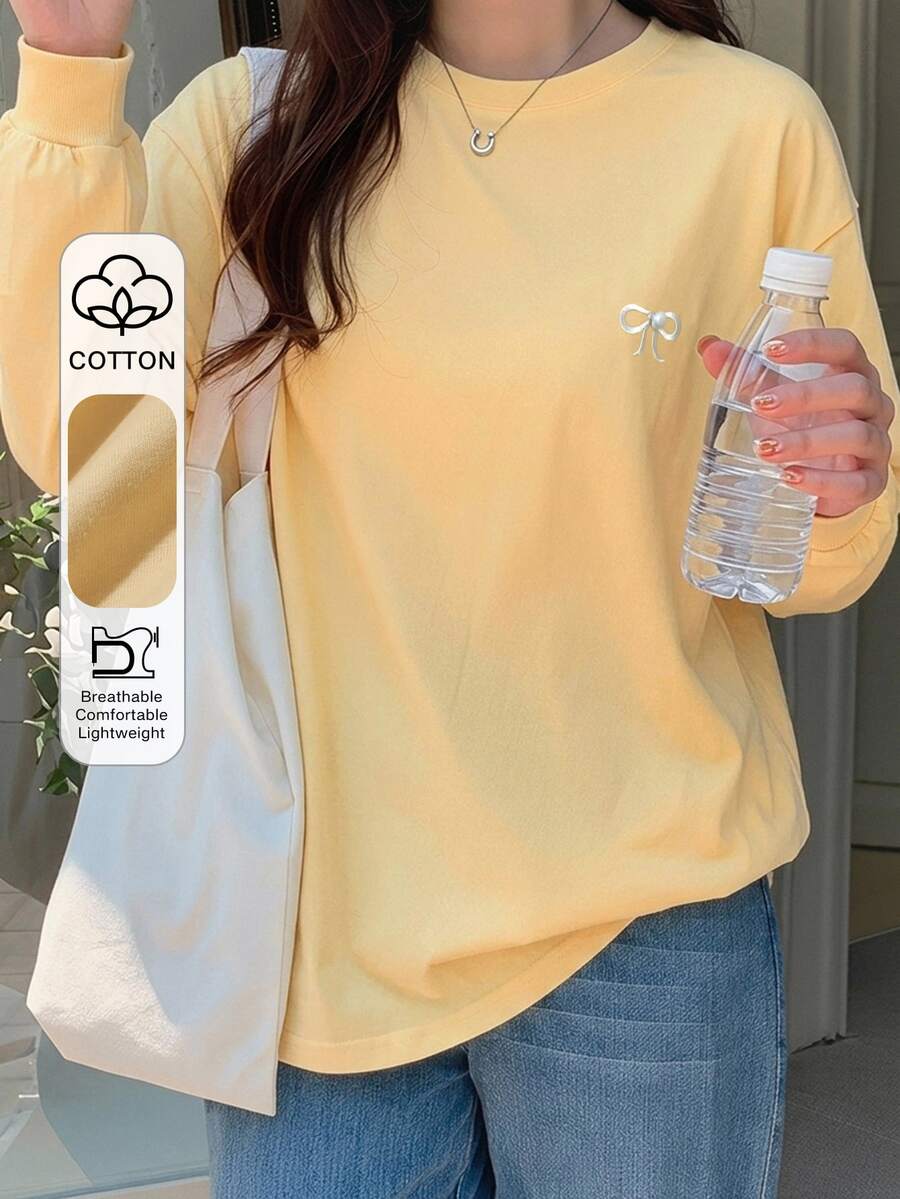 DAZY Kaos Wanita Lengan Pendek Longgar Kerah Bulat dengan Bordir Pita - Kuning - View 1