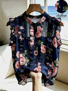 SHEIN Franclia 法式復古花卉圖案單排扣荷葉邊飾襯衫，適合夏季、春季、復活節、節慶活動、派對場合、海灘婚禮、畢業典禮 - 藏蓝色 - 查看 6