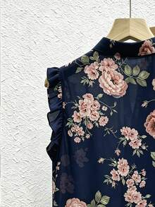 SHEIN Franclia 法式復古花卉圖案單排扣荷葉邊飾襯衫，適合夏季、春季、復活節、節慶活動、派對場合、海灘婚禮、畢業典禮 - 藏蓝色 - 查看 5