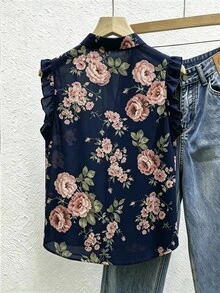SHEIN Franclia 法式復古花卉圖案單排扣荷葉邊飾襯衫，適合夏季、春季、復活節、節慶活動、派對場合、海灘婚禮、畢業典禮 - 藏蓝色 - 查看 2