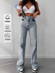 SHEIN Tall 100%Cotton Casual High Waisted Straight Leg Jeans With Washed Effect, Tall Women - Light Wash - View 1