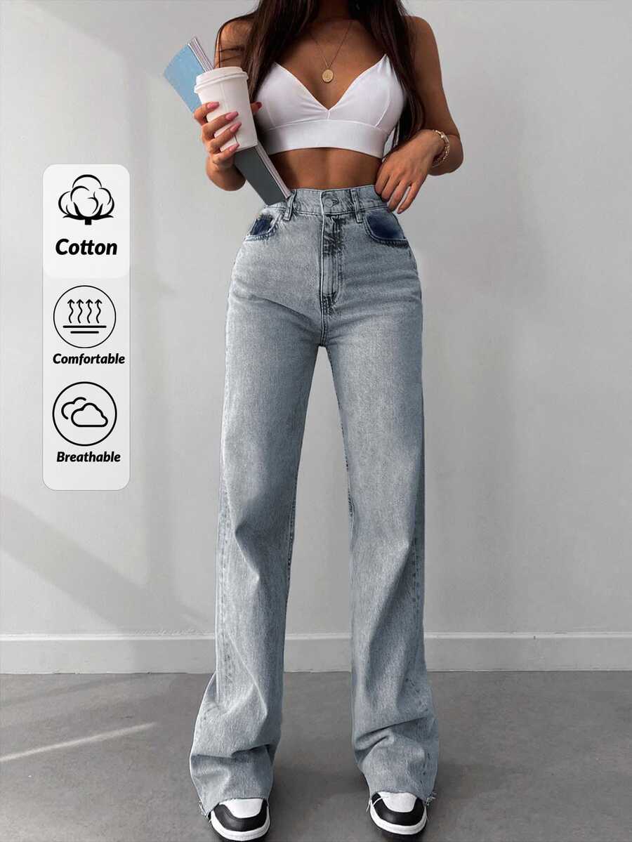 SHEIN Tall 100%Cotton Casual High Waisted Straight Leg Jeans With Washed Effect, Tall Women - Light Wash - View 1