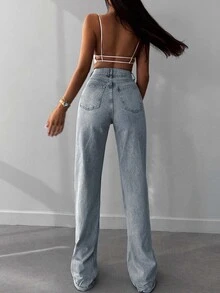 SHEIN Tall 100%Cotton Casual High Waisted Straight Leg Jeans With Washed Effect, Tall Women - Light Wash - View 2